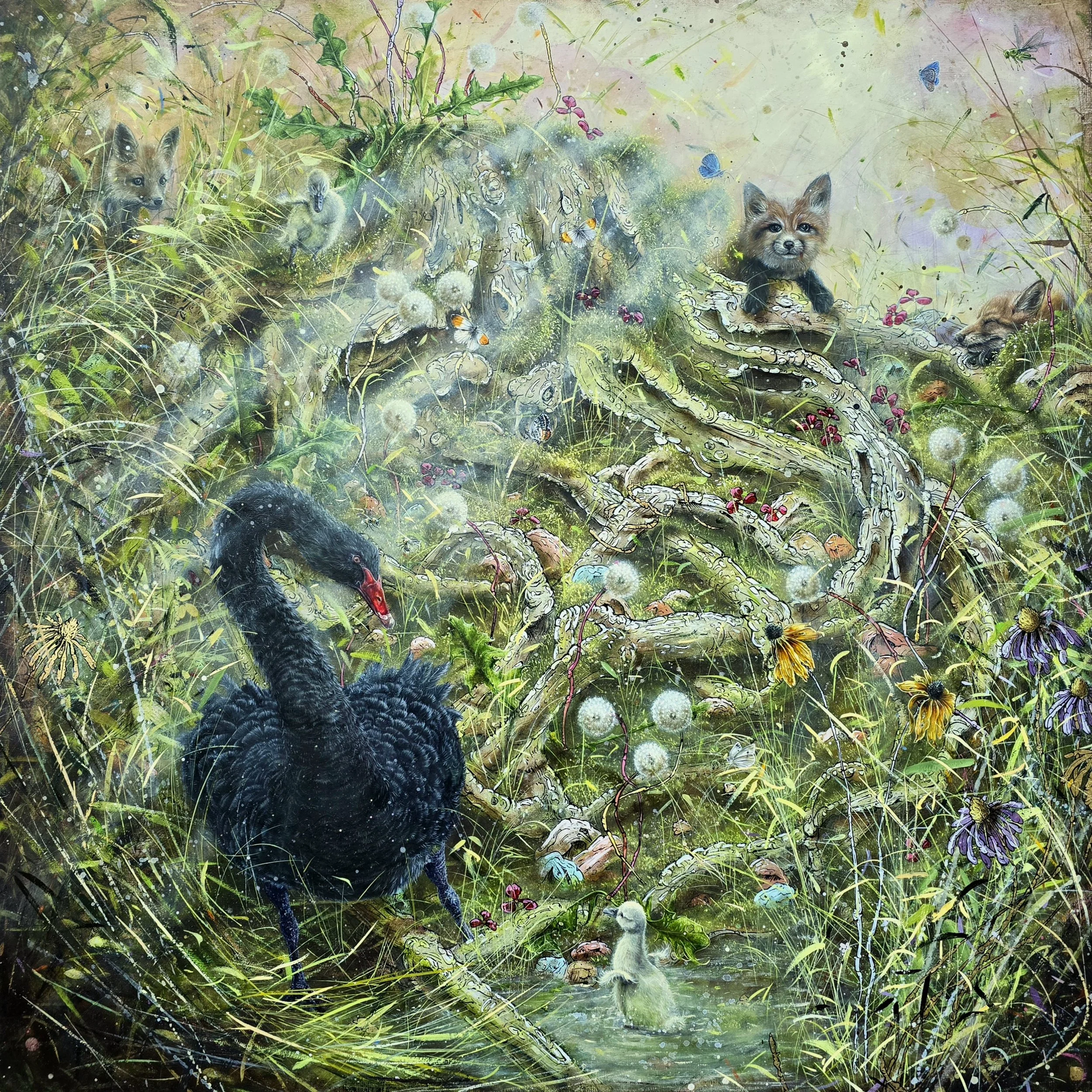    “Engaging in the feathered light…”    40”x40”  oil on marble plastered jute with applied gold leaf, ink and hand polished cold wax  2026  . 