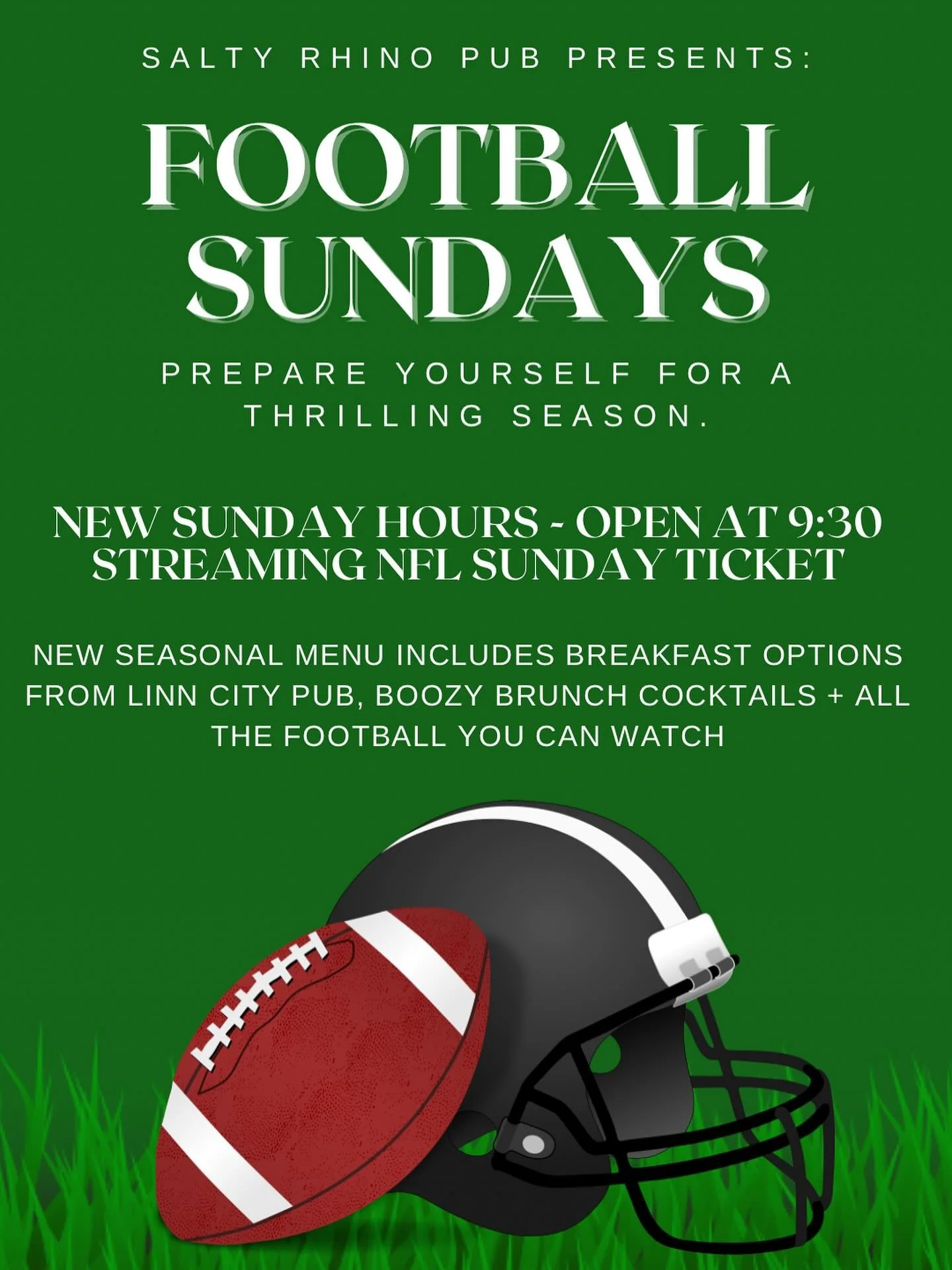 Starting tomorrow, we&rsquo;ll begin opening Sunday mornings at 9:30 just in time for you to order your first drink and get settled in for Sunday morning football! 

We&rsquo;re partnering with our friends next door at Linn City Pub and will be offer