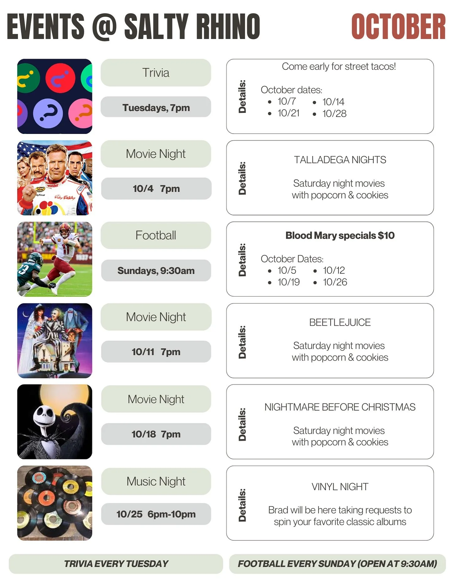 We have Steeplejack Oktoberfest on tap and some more events for the month! Taco Tuesday Trivia, Vinyl Night this Saturday, Football, Baseball &hellip;. Basketball&hellip; Go Sports!