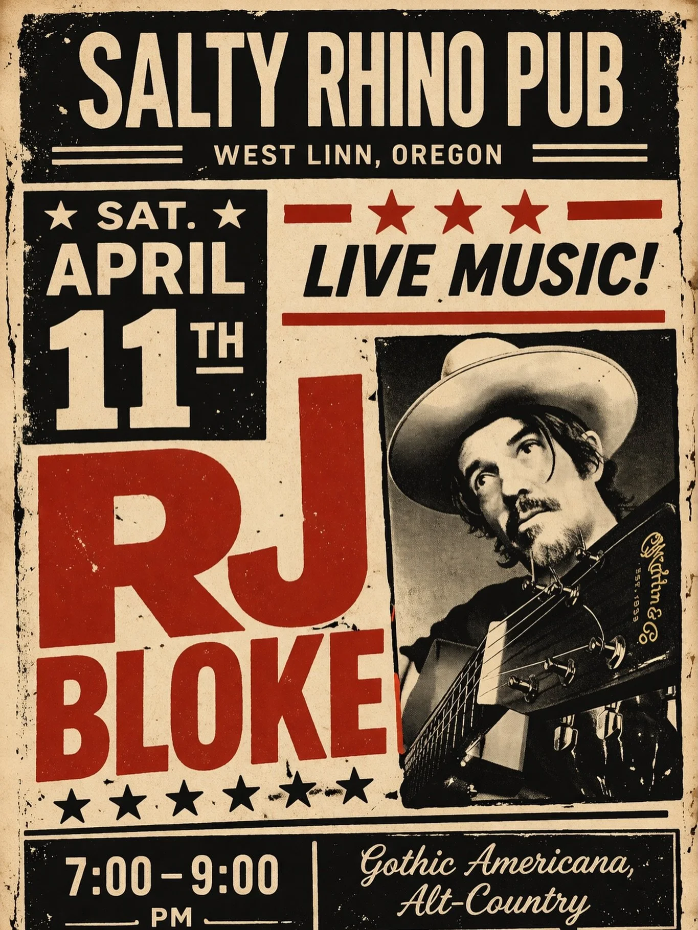 First time on our stage! @rjbloke 

Gothic Americana &amp; Alt-Country&mdash;dark, gritty, and built for a night you won&rsquo;t forget.

Come early. Stay late. It&rsquo;s going to be a great night. 
🎶 April 11th at The Salty Rhino Pub