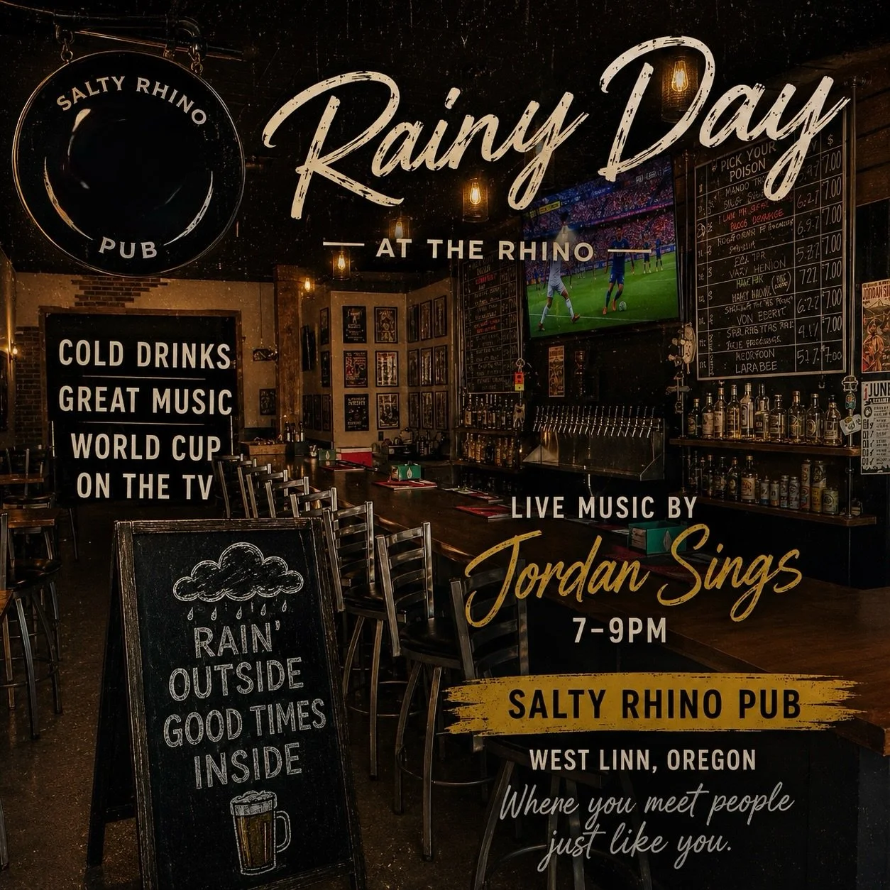 There&rsquo;s no better place to spend a rainy evening than Salty Rhino Pub.

📍 West Linn, Oregon

Rain outside. Good times inside. See you tonight! 🍻