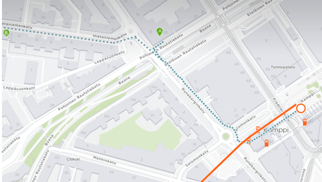 The walk from either Hotel Helka (A) or Both (Domus Academica) (B) is very convenient to the Kamppi metro station. Metro lines to Tapiola and Matinkylä will take you to Aalto University metro station, which is located in the middle of the Otaniemi Campus. Follow green School of Business signs to find your way to the School of Business building.