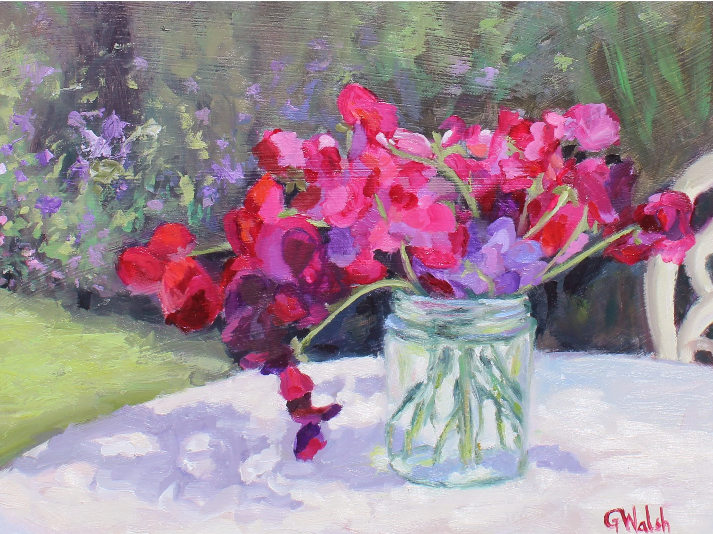 A delicate arrangement of pink and purple sweet peas. Fine art botanical print from an original painting.