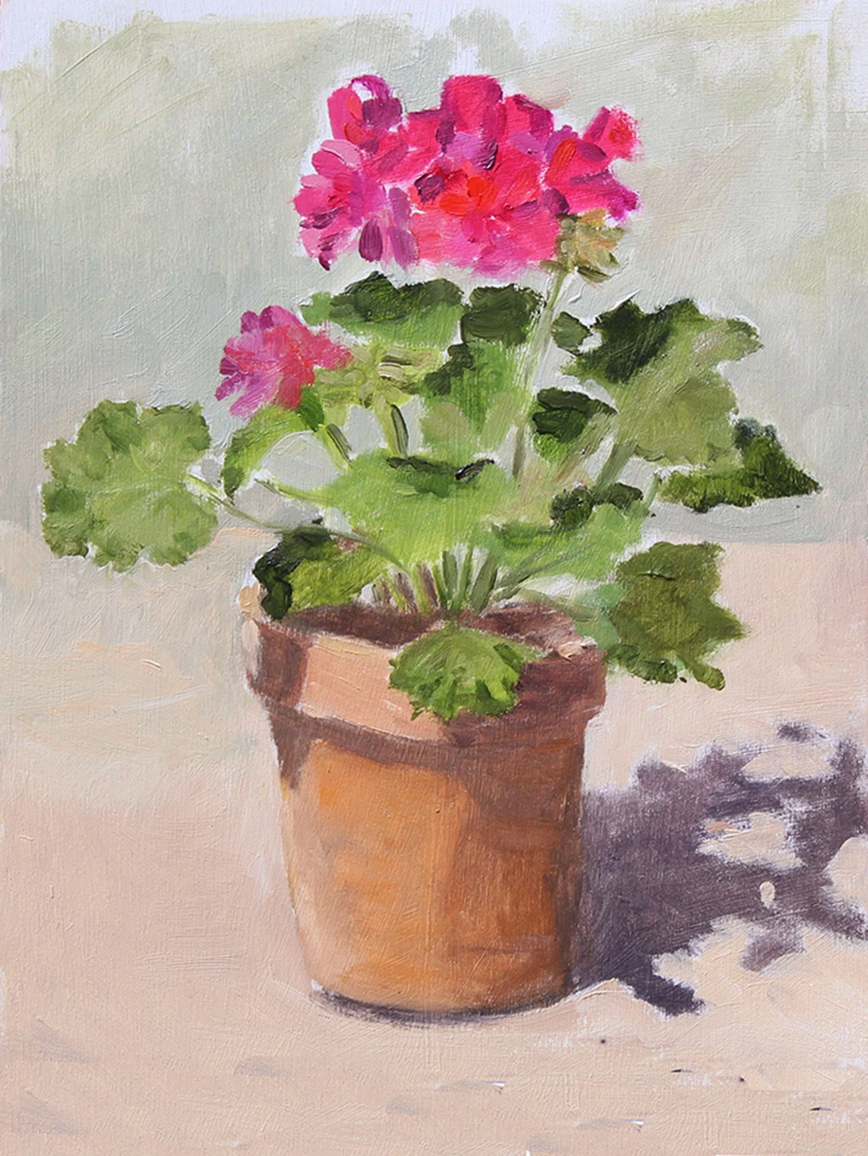 A vibrant and nostalgic still life print of red geraniums in a blue pot. Signed Irish floral art.