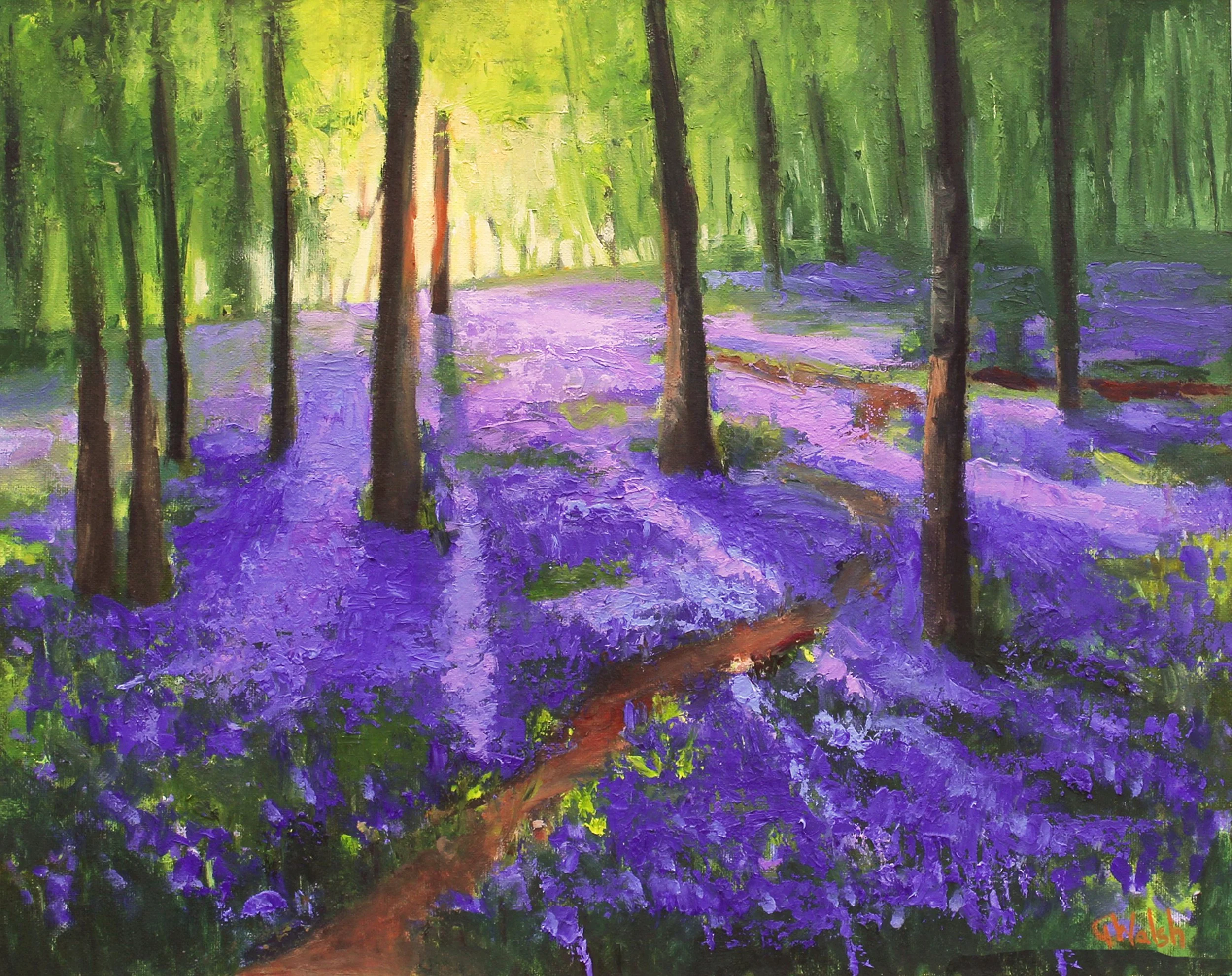 Bring the peace of the woods home. "Forest Bathing" features a vibrant bluebell forest in sun-dappled light.