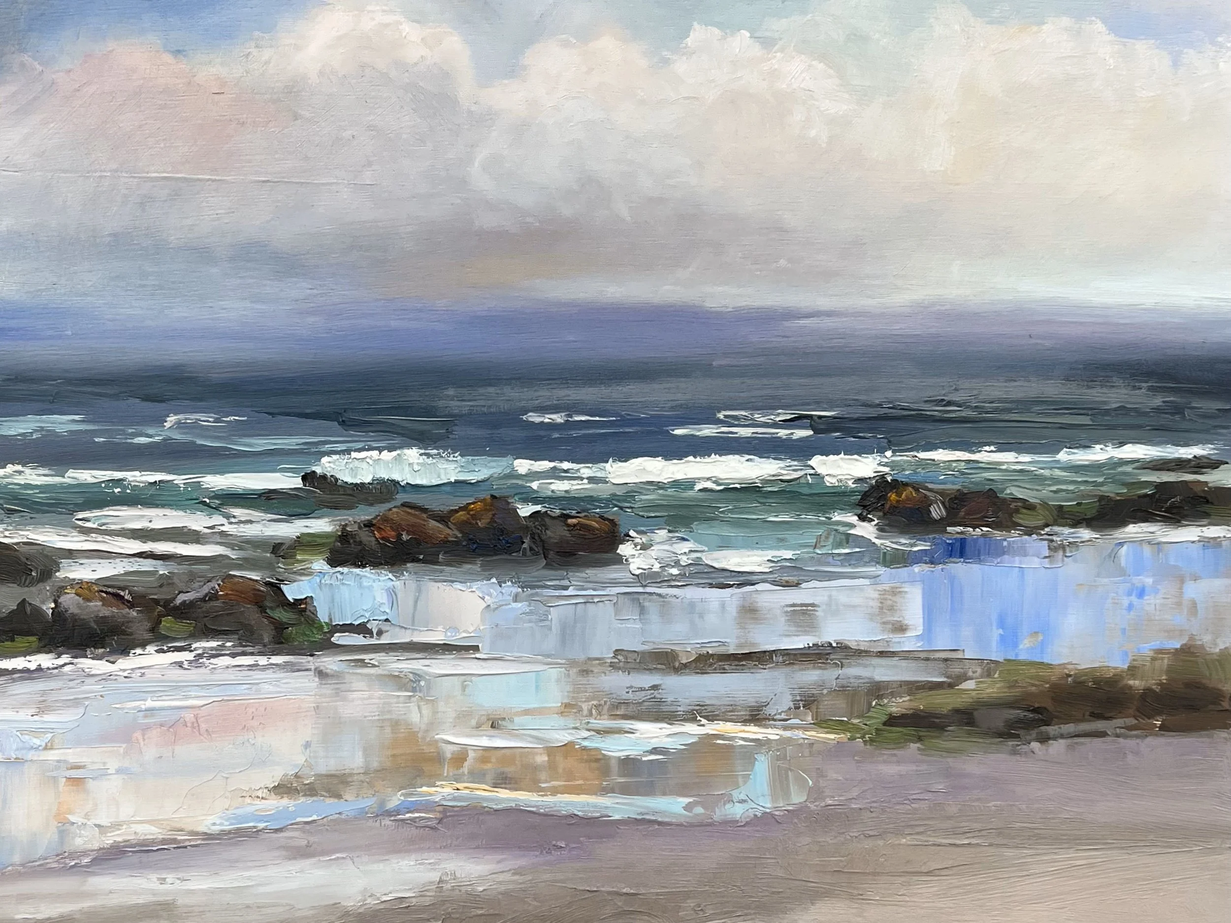 A textured, expressive seascape print capturing the movement of the Atlantic waves in deep blue hues.