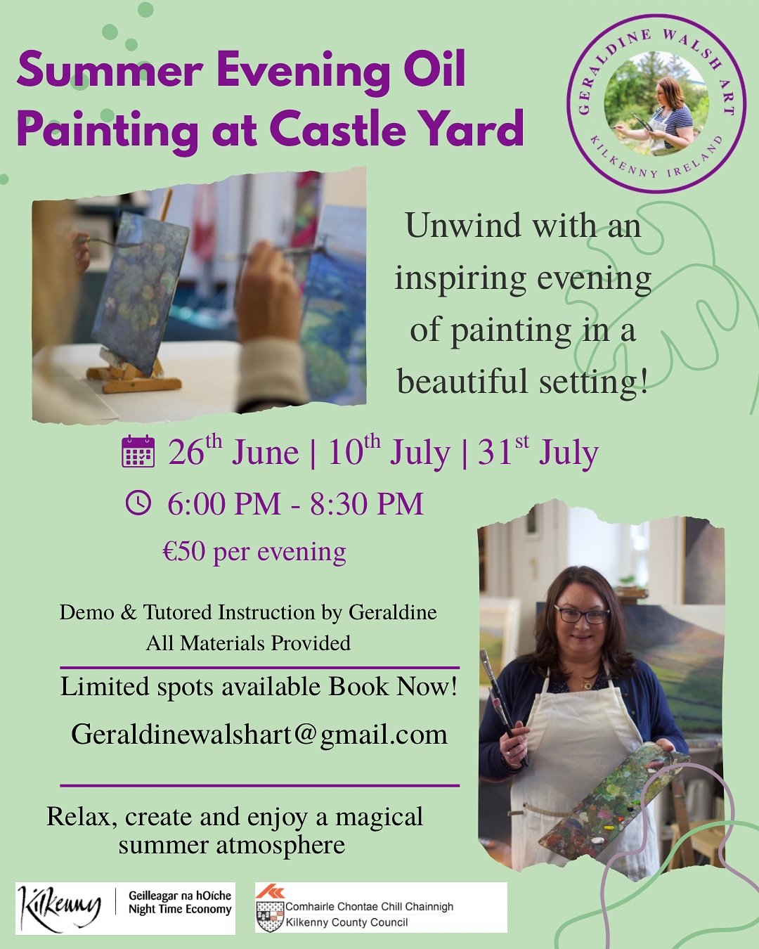I&rsquo;ve got a few wonderful oil painting workshops coming up this summer and I&rsquo;d love to see you there!

Summer Evening Sessions
Relax and paint with us on: 
May 26 | July 10 | July 31
A perfect creative escape for summer evenings!

Full-Day