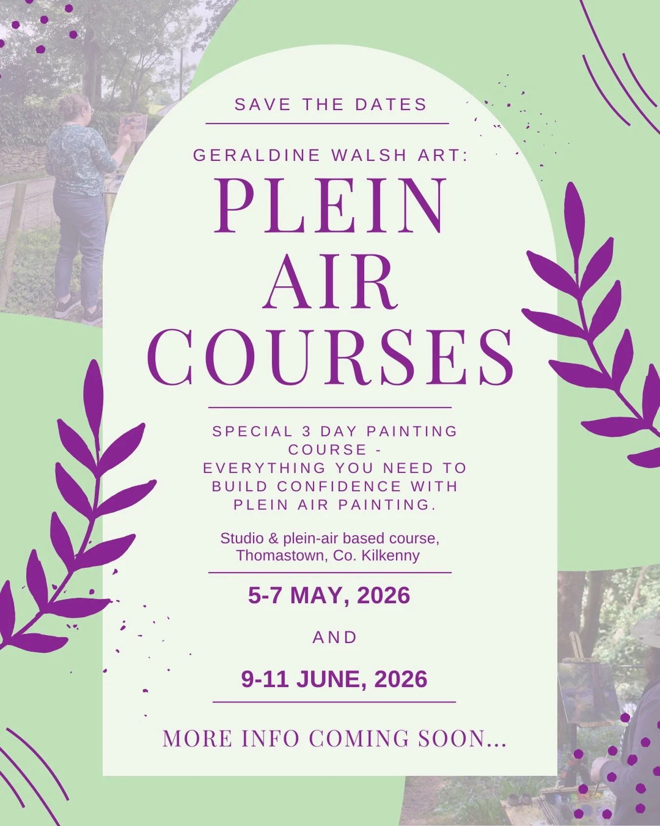 ✨ Save the Date &ndash; New Plein Air Course ✨
I&rsquo;m so excited to announce special 3-day Plein Air painting courses in Thomastown 🌿🎨
 We&rsquo;ll be painting Irish landscapes outdoors, with a mix of plein air sessions and studio-based work to 