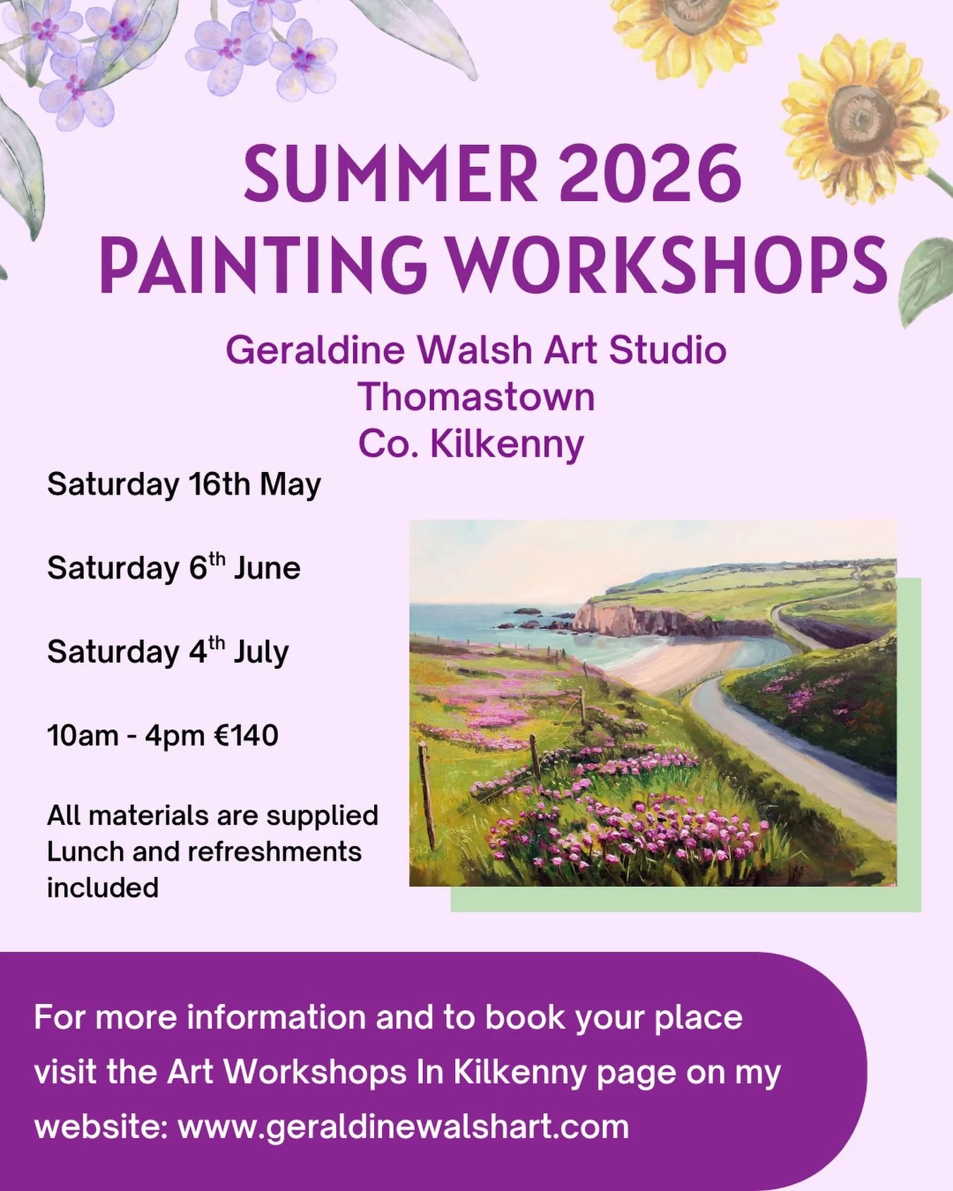 Summer 2026 Painting Workshops are officially here! 🎨☀️

Join me at my studio in Thomastown for a full day of creativity, learning, and relaxation ✨

Dates for your diary:&nbsp;
🌸 Saturday, 16th May&nbsp;
🌸 Saturday, 6th June
🌸 Saturday, 4th July