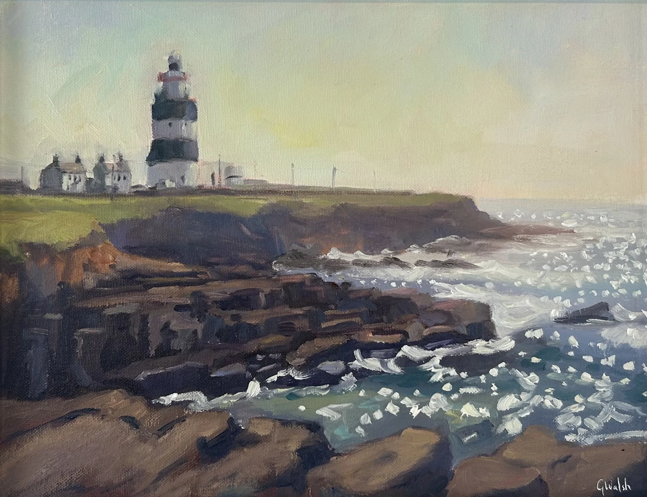 Oil painting of the historic Hook Head Lighthouse in Wexford, Ireland, seen from a distance across the coastal landscape.