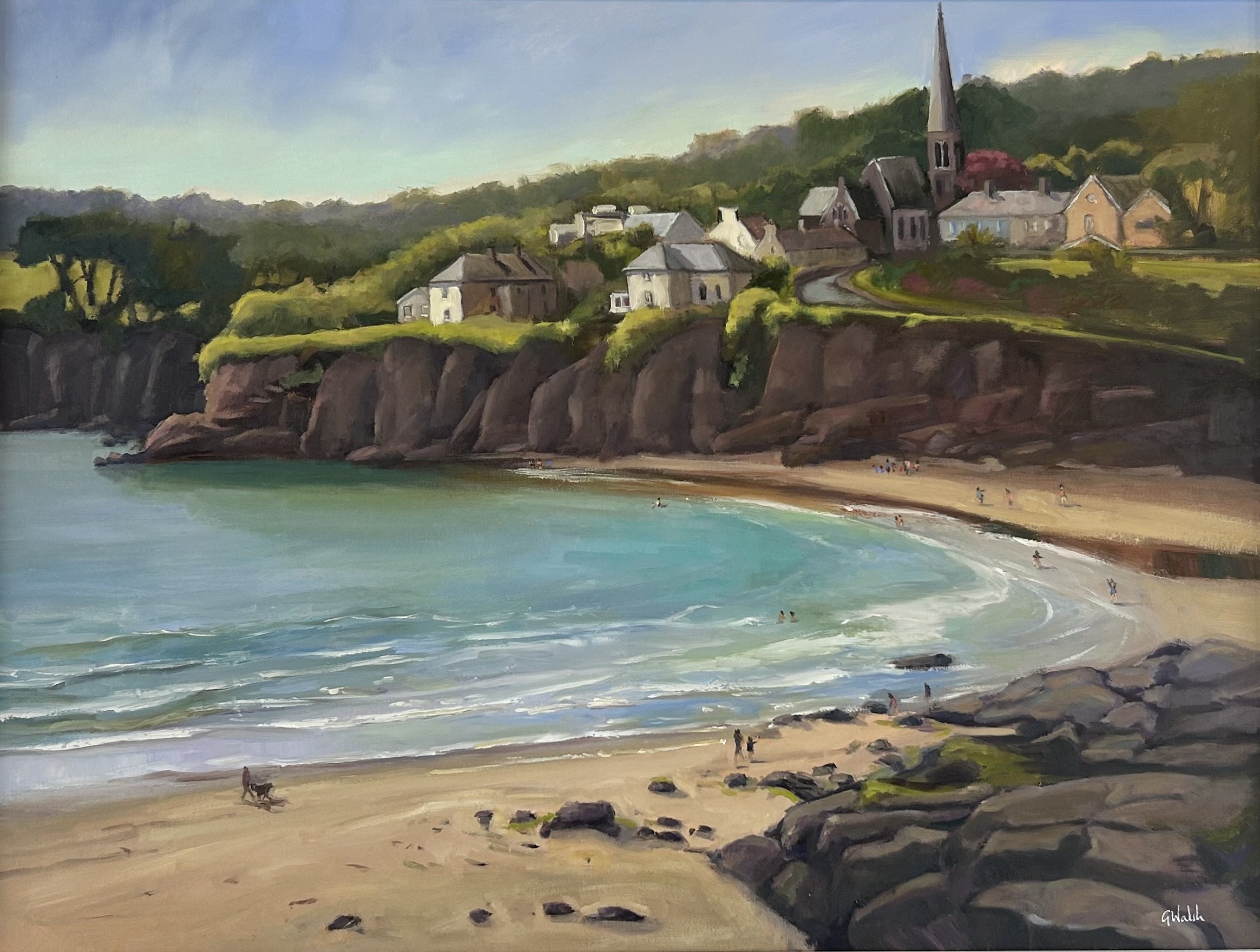 Oil painting of the cliffs and coastal scenery at Dunmore East, Waterford, by Irish artist Geraldine Walsh.