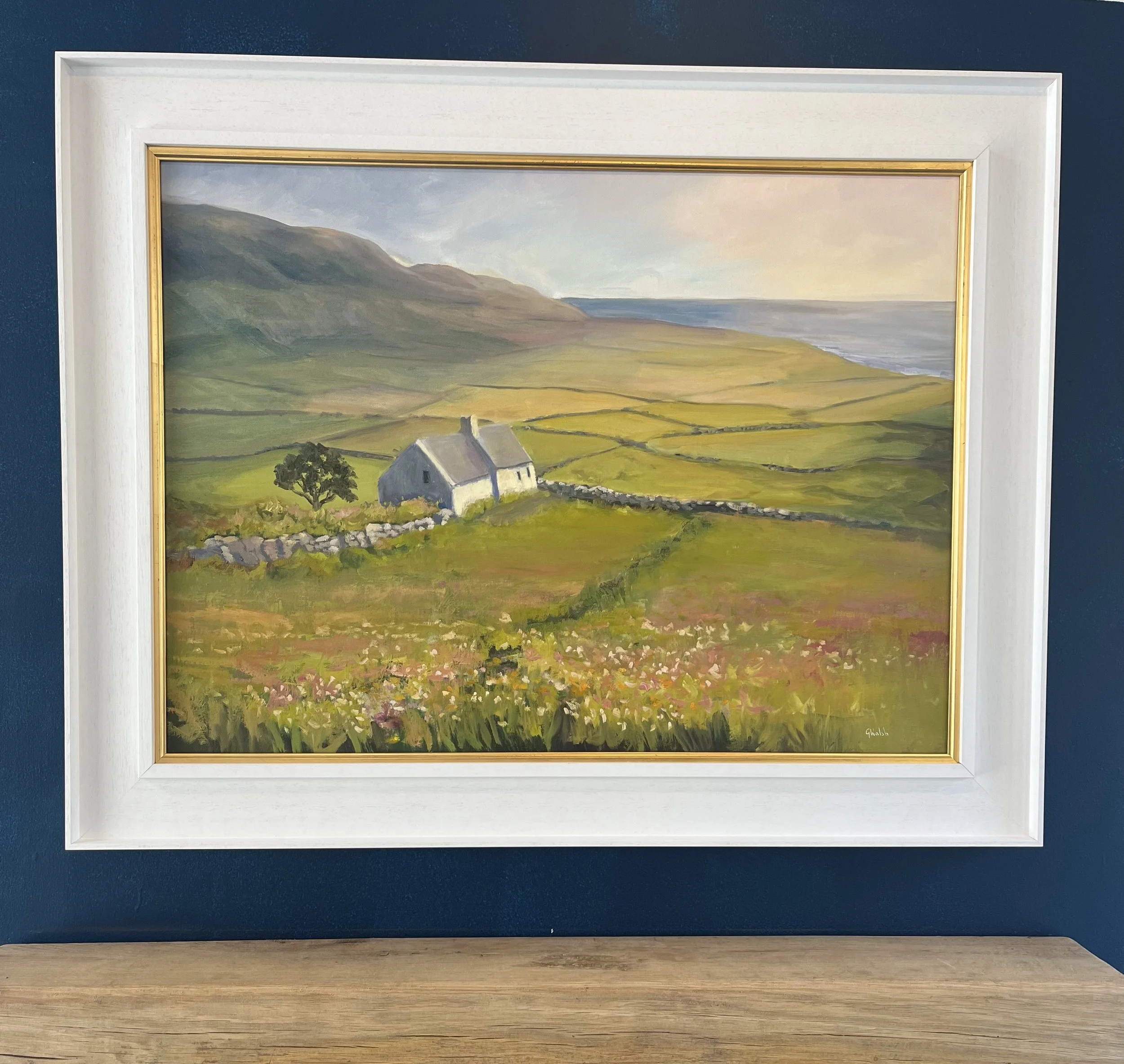 Textured oil painting of steep coastal cliffs and crashing waves on the Irish coast, captured in expressive brushstrokes.