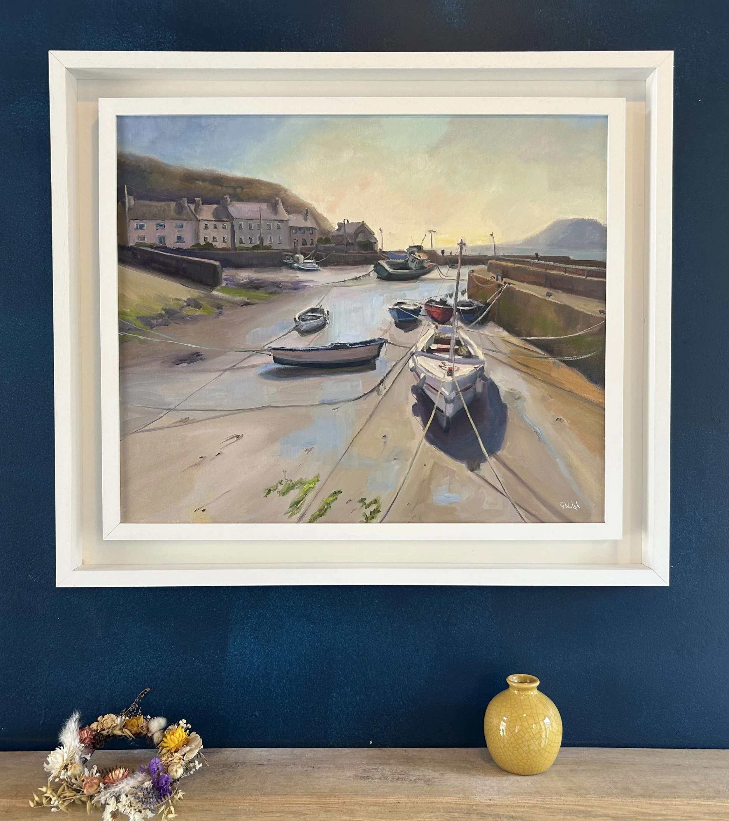 Original oil painting of boats moored at Ballyhack Harbour, Wexford, with a focus on water reflections and coastal light.
