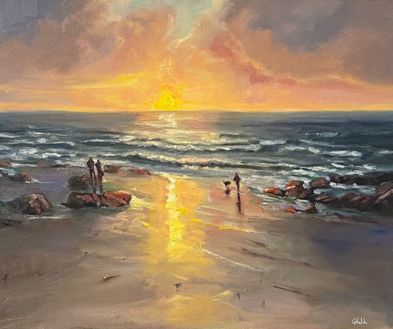 Golden Tide, an original beach sunset oil painting by Irish landscape artist Geraldine Walsh.