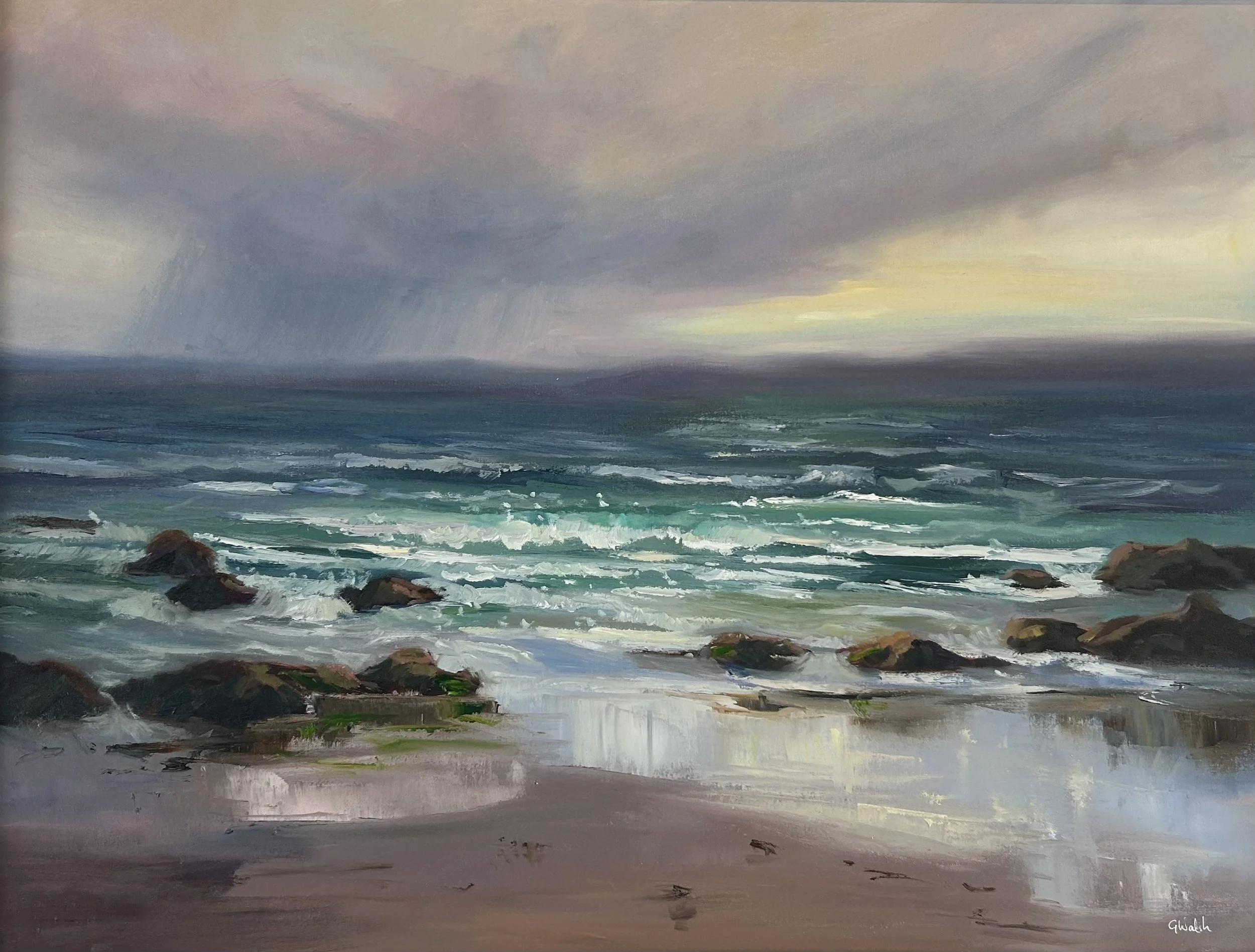 Original oil painting of a vast ocean horizon where the blue sky meets the sea with soft, atmospheric light.