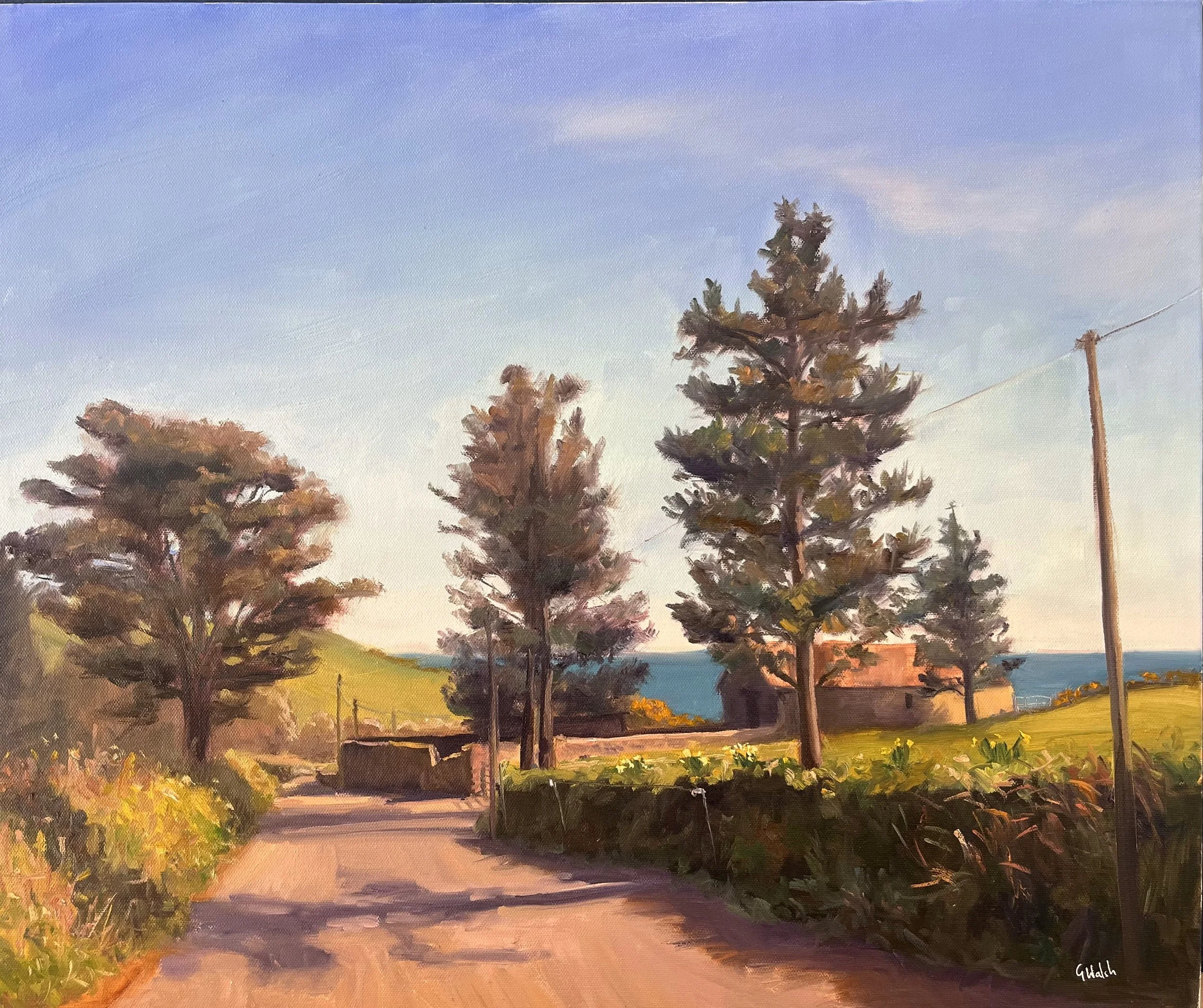 Original oil painting of a sunlit country lane with tall trees and green hedgerows leading toward Ballydwan, Ireland.