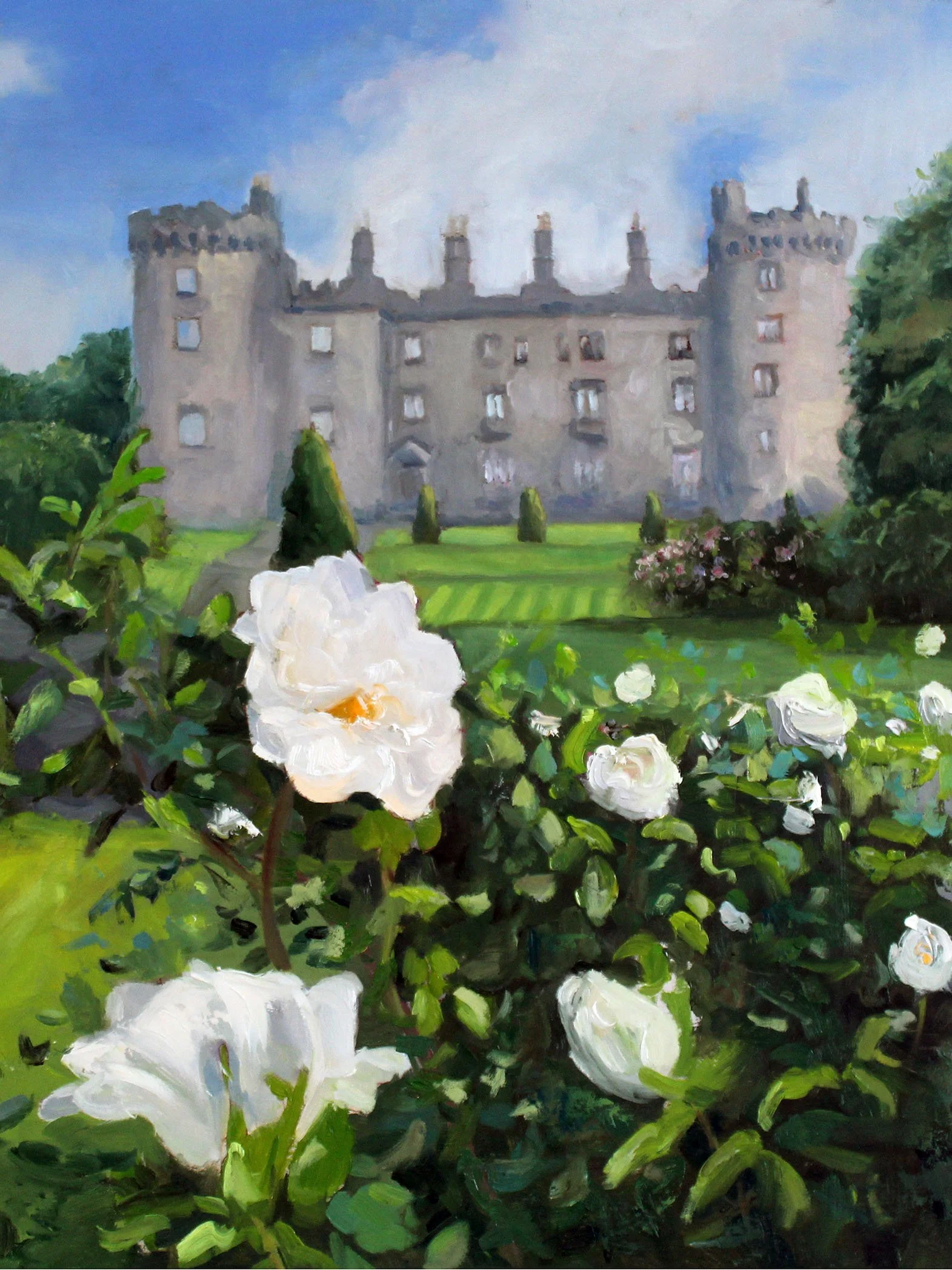 Close-up oil painting of white roses in bloom with the stone walls of Kilkenny Castle in the background.