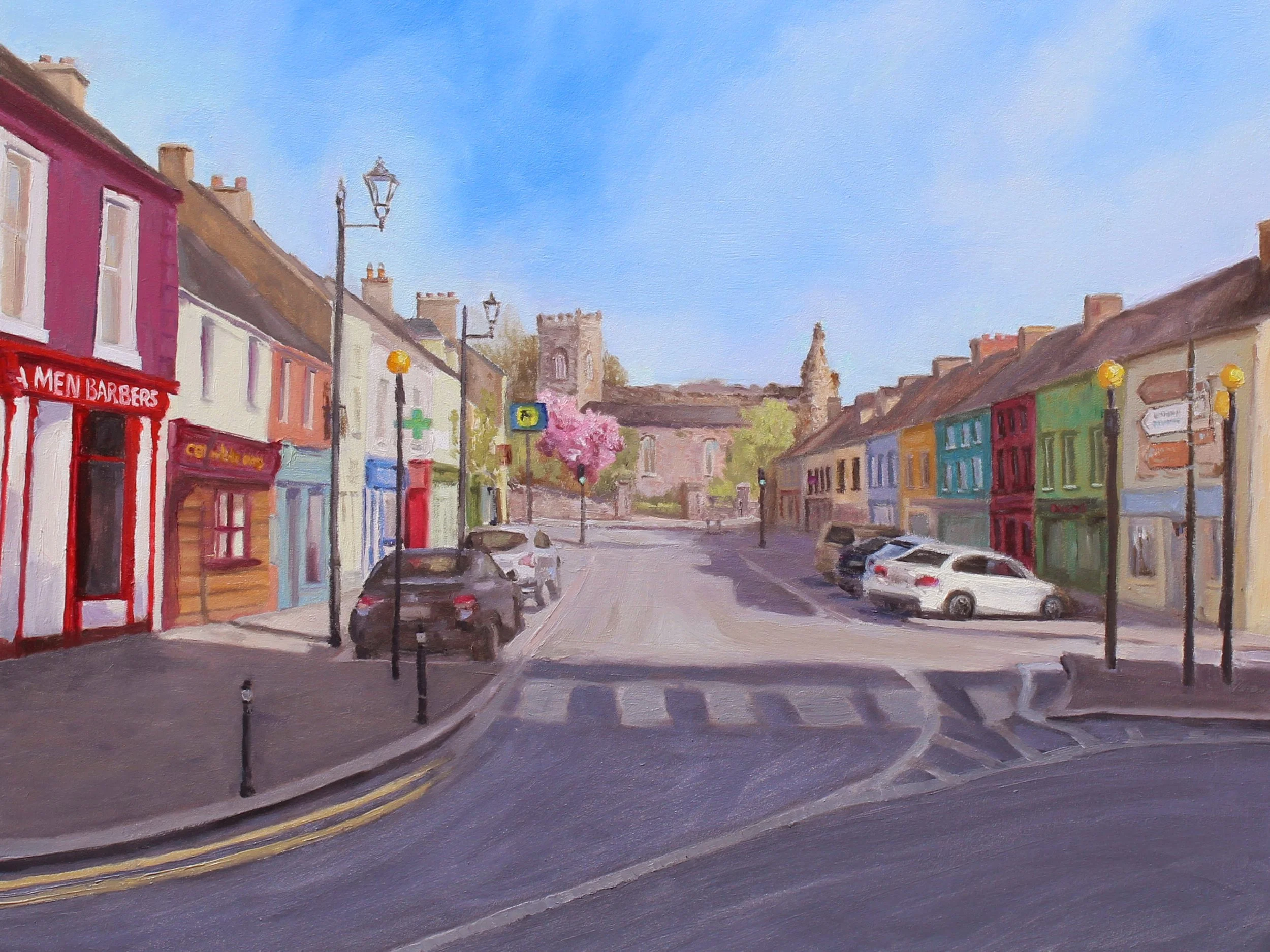 A nostalgic streetscape of Thomastown, Co. Kilkenny. High-quality fine art print from an original oil painting.
