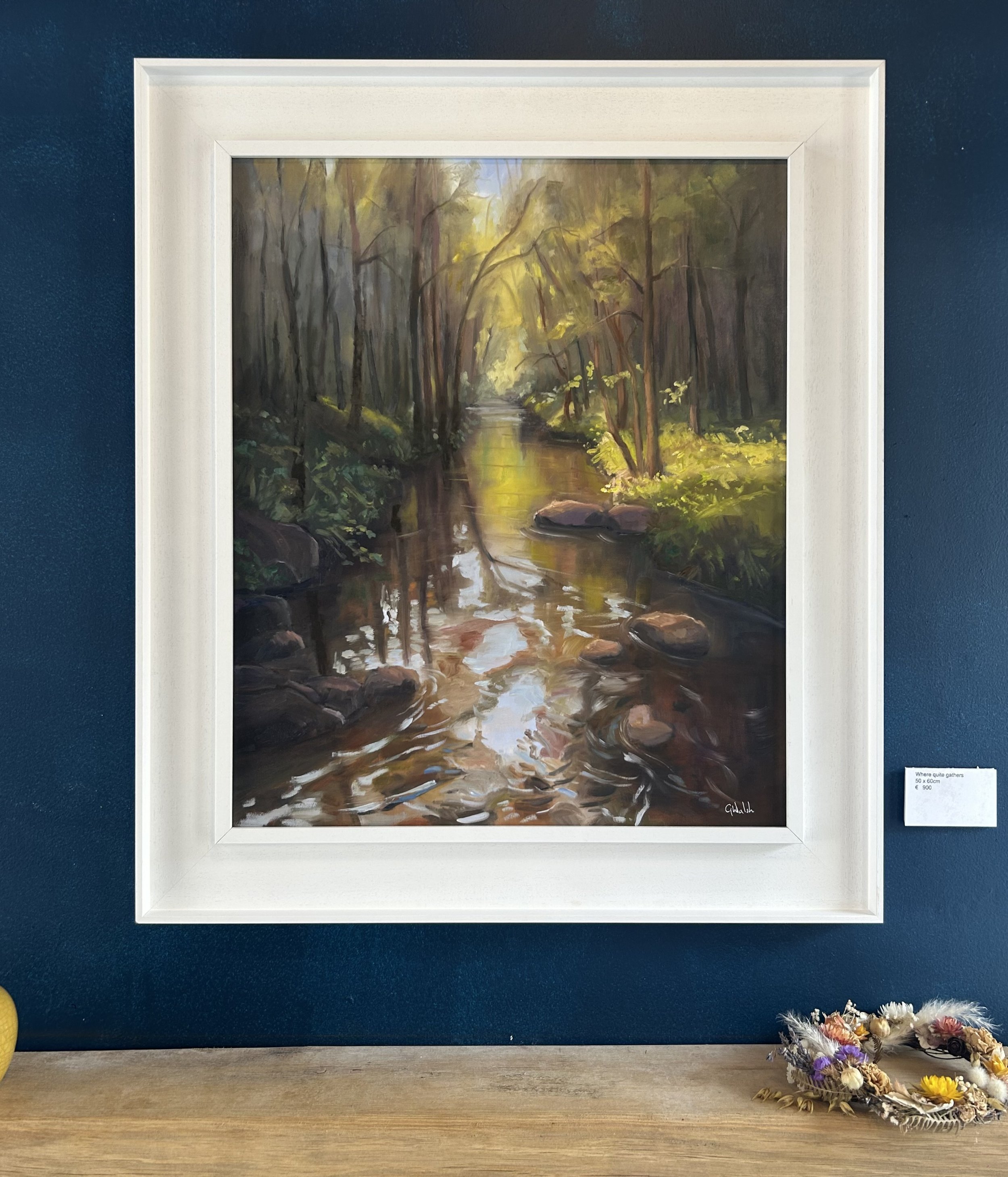 A tranquil landscape oil painting featuring soft greens and misty horizons, evoking a sense of peace and quiet.