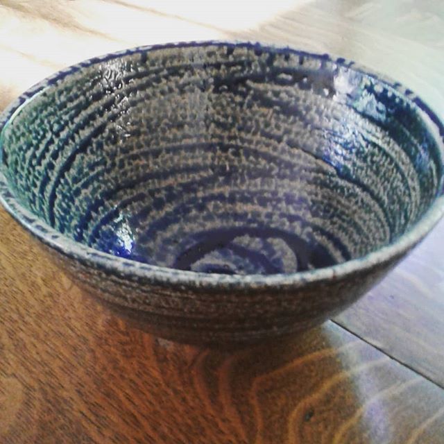 Larger blue salt glazed bowl.  I've made a few of these where I've managed to brush the slip on with grace.  #sodaglaze #saltfired #blue #bowls #ceramics #pots