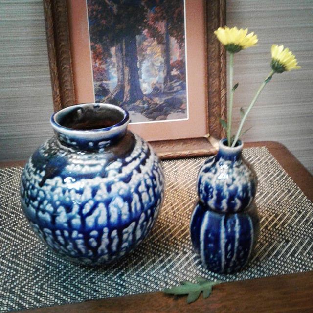 Couple of blue pieces from our most recent firing.  There were some really good pieces this time, but always some dissapointments when firing with salt and soda.  This is never boring.#sodaglaze #saltfired #blue #flowers #functionalart  #womenmakers 