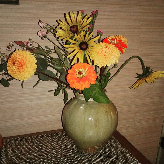 Simple ash glazed pot with beautiful flowers from Broadturn Farm in Scarborough ME.  #pottery #flowers
#ash glaze #fallflowers #ceramics
@broadturn_farm #dahlias