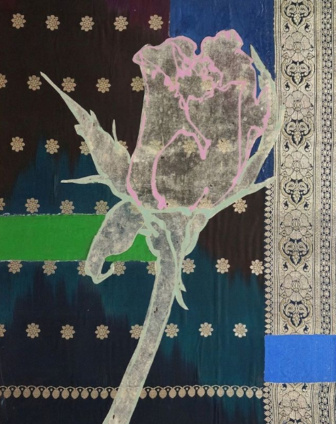 Robert Kushner, Pink Rosebud Night Sky, 2018 Oil, acrylic, ink, paper, silk brocade on panel