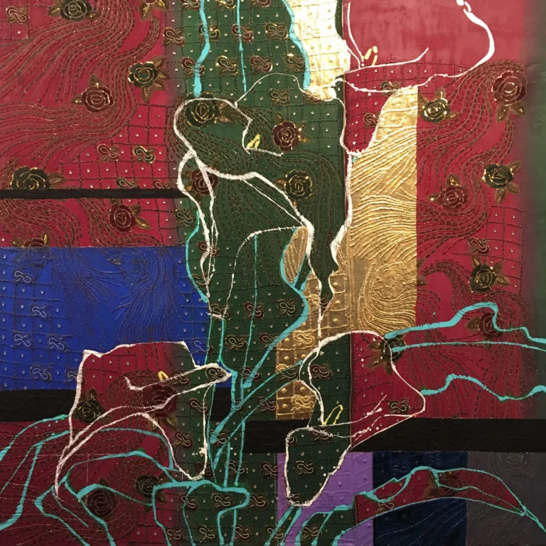 Robert Kushner, Calla Lilies and Roses, 2018 Oil, acrylic, gold leaf, embroidery, sequins, silk on canvas, 72 x 72 inches