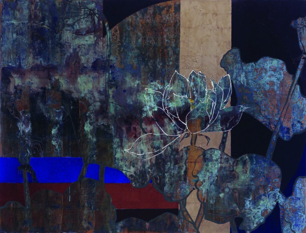 Robert Kushner, “White Lotus Shaft of Light III,” 2008, oil, acrylic, gold and silver leaf on canvas, 55 x 72 inches. Image courtesy of DC Moore Gallery, New York.