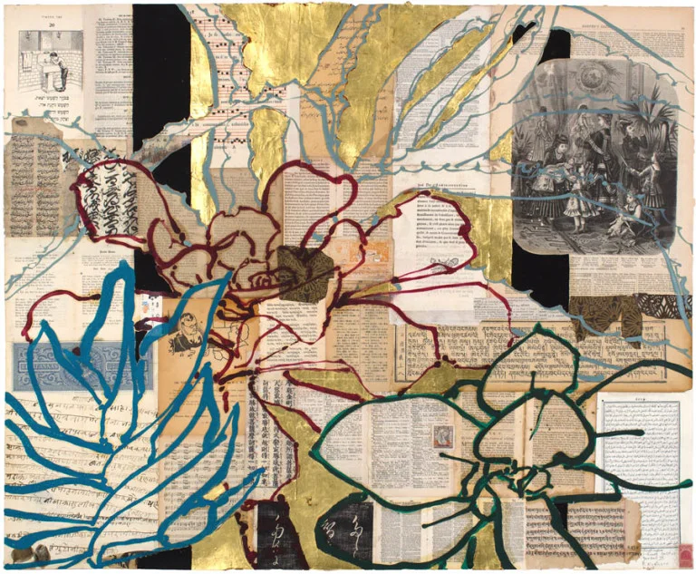 Robert Kushner, Huntington Library Cactus Garden II , 2014, collage, ink, gold leaf and acrylic, 30 x 37 inches