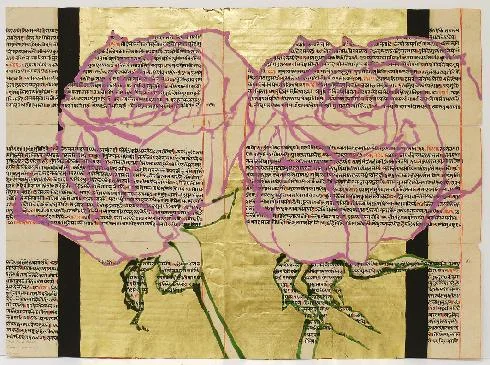 Two Pink Roses, 2011, oil, gold leaf and acrylic on book pages, 18 1/4 x 25”
