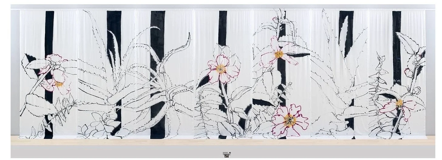"Camellias and Cacti," painted on transparent fabric, measuring 12’x 42′. Hakusasonso Hashimoto Kansetsu Garden and Museum, Kyoto, Japan