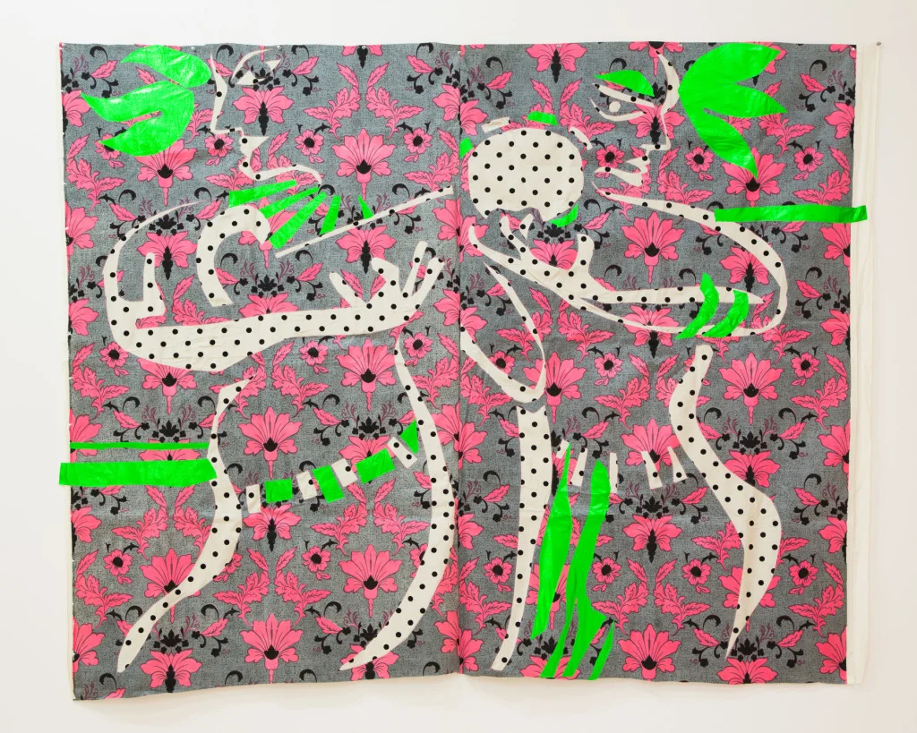 Robert Kushner, Composition in Green and Pink , 1982, mylar and dotted Swiss reverse appliqué on printed cotton.