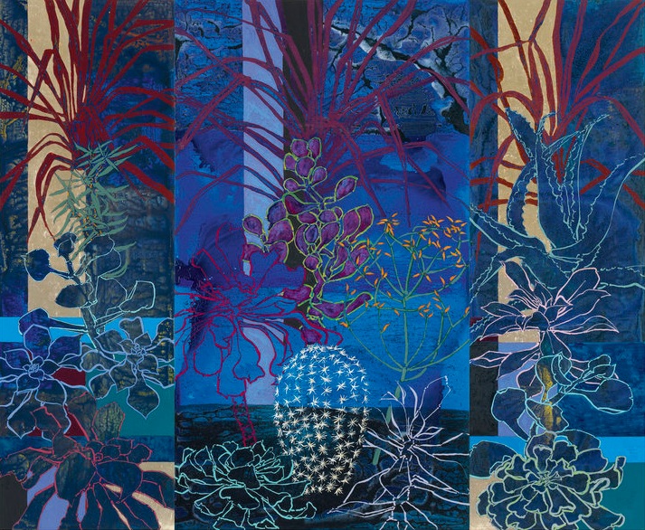 Midnight in the Huntington Library Cactus Garden, 2014, oil, acrylic, and gold leaf on canvas, 108 x 132 inches (overall)