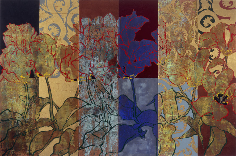 Twelve Red Emperors, 2008, oil, acrylic, gold leaf, silver leaf, and copper leaf on canvas, 72 x 108 inches