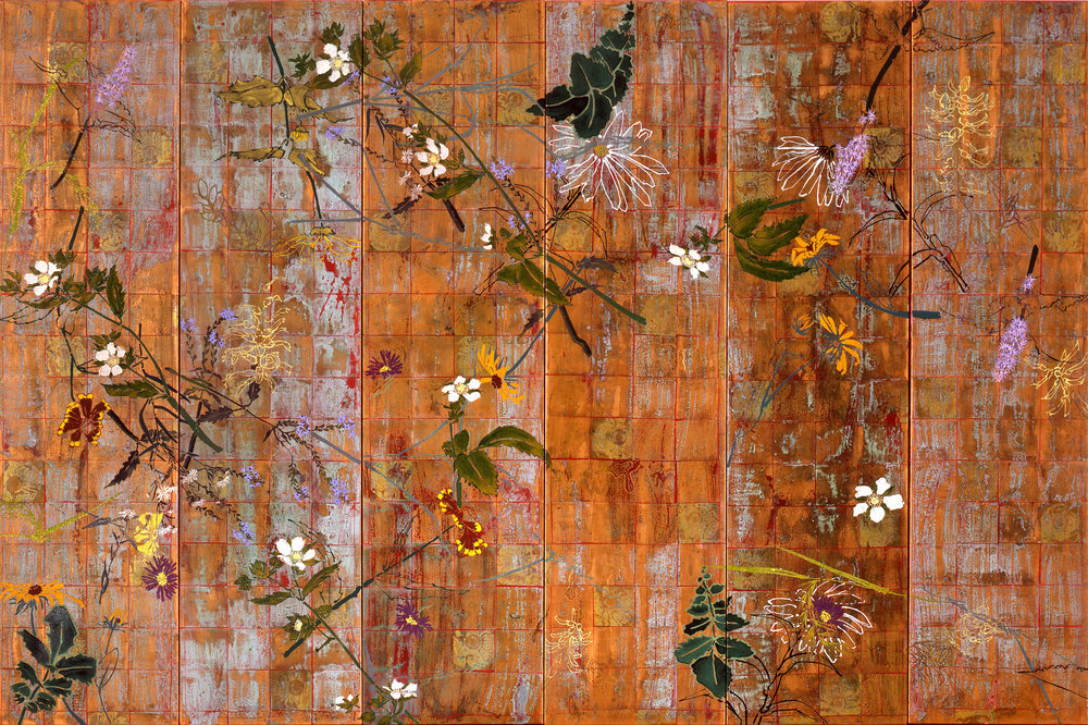 Seattle Summer Meadow, 2006 (detail, left), 12 paintings, 96 x 24 each; 2 paintings, 96 x 48 each