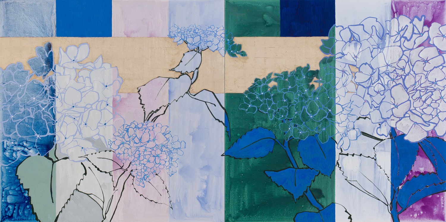 Hydrangeas (Diptych), 2019, oil, acrylic, and gold leaf on canvas, 72 x 144 inches