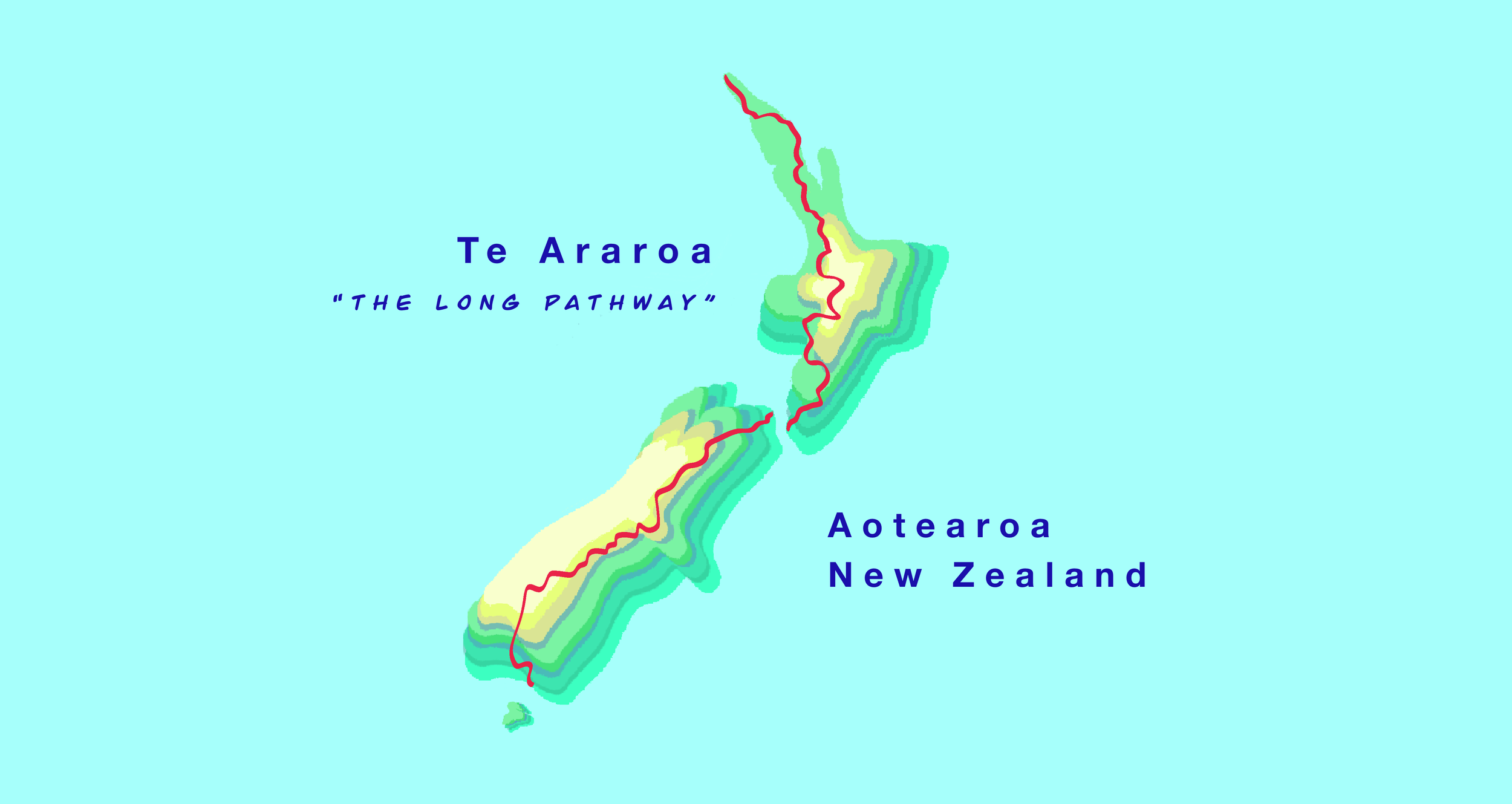 Graphic shows the route Alex took across Aotearoa New Zealand, depicted in a red line across the country. It reads, "Te Araroa, The Long Pathway," and "Aotearoa, New Zealand" in dark blue text on a bright blue background.