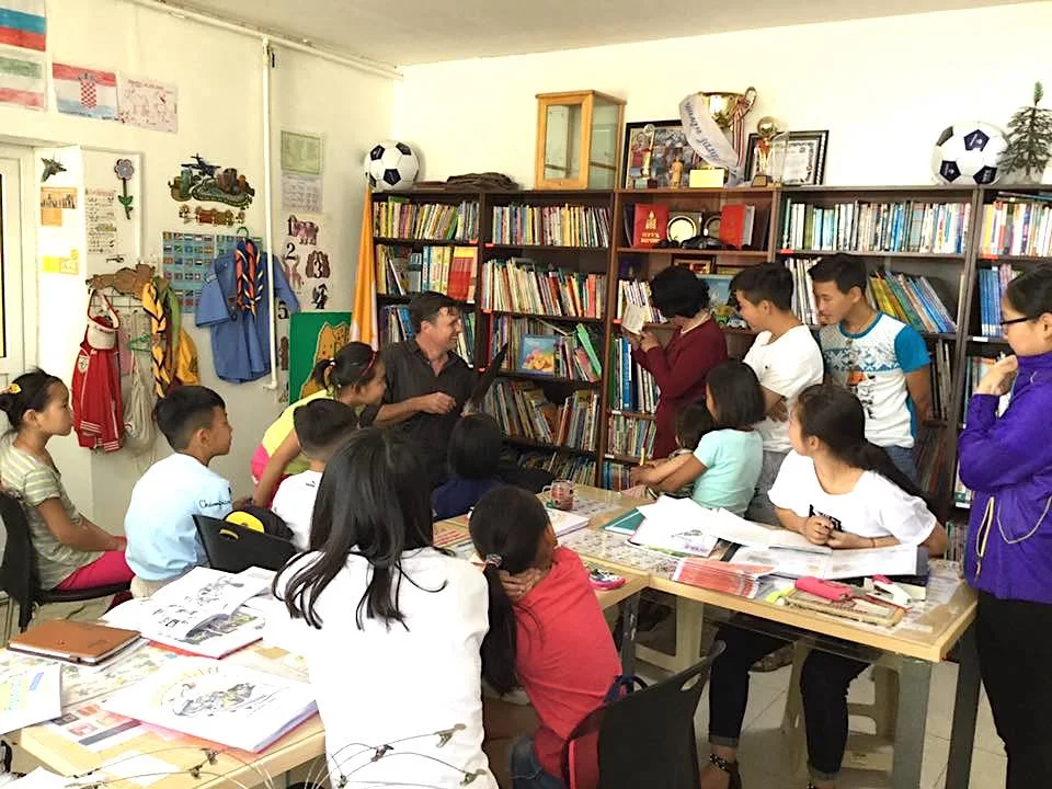 With Mongolian school children, Mandalgovi, Mongolia