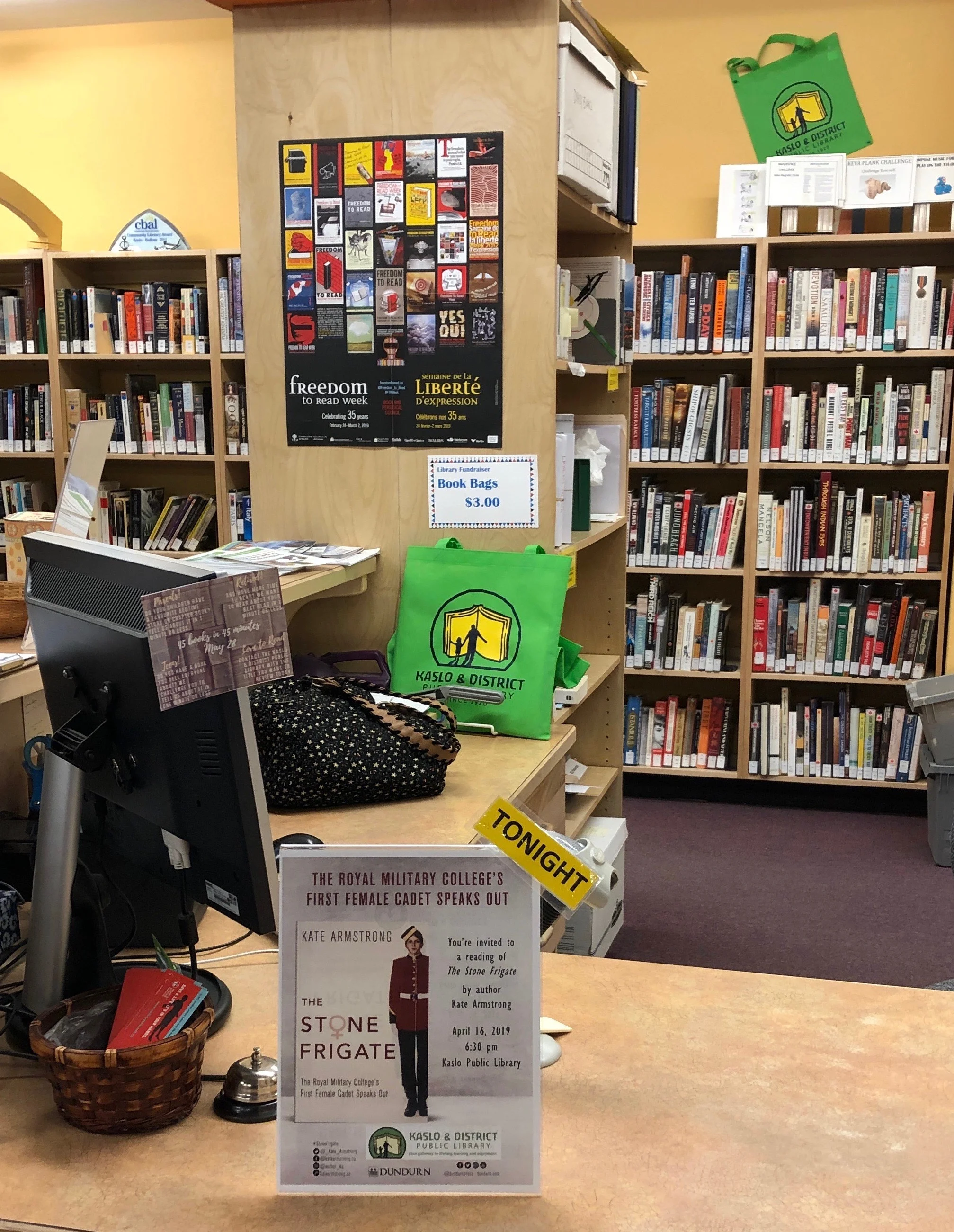 The billboard on the Kaslo & District Public Library’s front desk announcing my speaking and reading event for the evening..