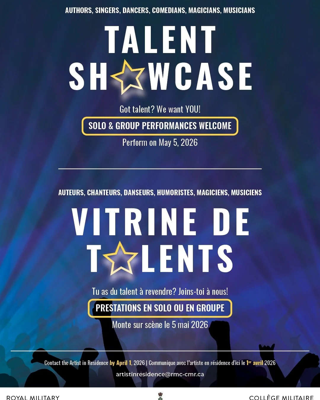 We're moving toward the big event! A night of RMC cadet and staff readings, singing, comedy skits, juggling, and a myriad of entertainment. Talent is signing up to participate, and the momentum is building!