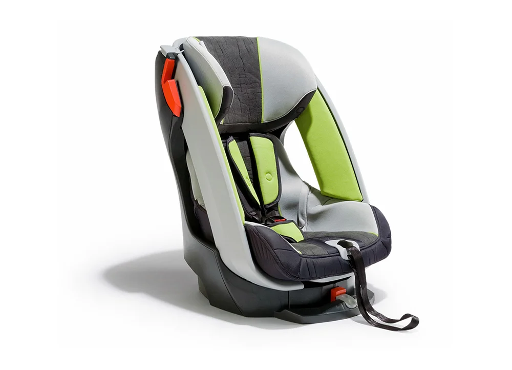  The infant car seat projects a similar design feel with the prominent frame element that provides side bolsters for side impact protection.  The clever tilting mechanism for reclining the child runs on a rigged track and only moves the inner seat co