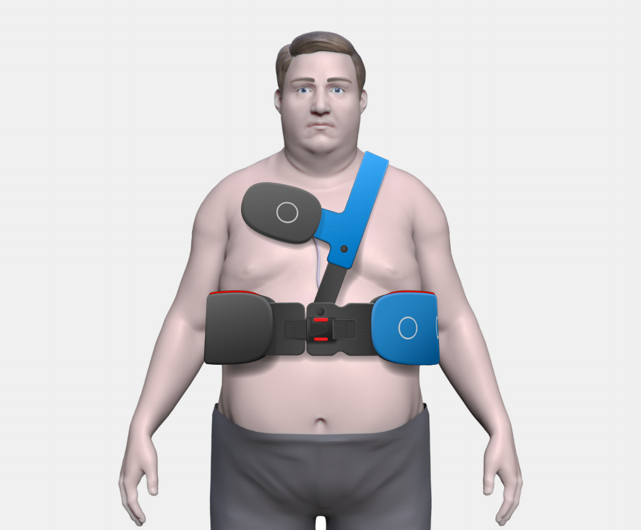 The contrasting black and blue color scheme is designed to aid orientation when positioning the belt on the body. This visual distinction specifically highlights the shoulder belt and lower patch holder areas, ensuring clear identification and corre