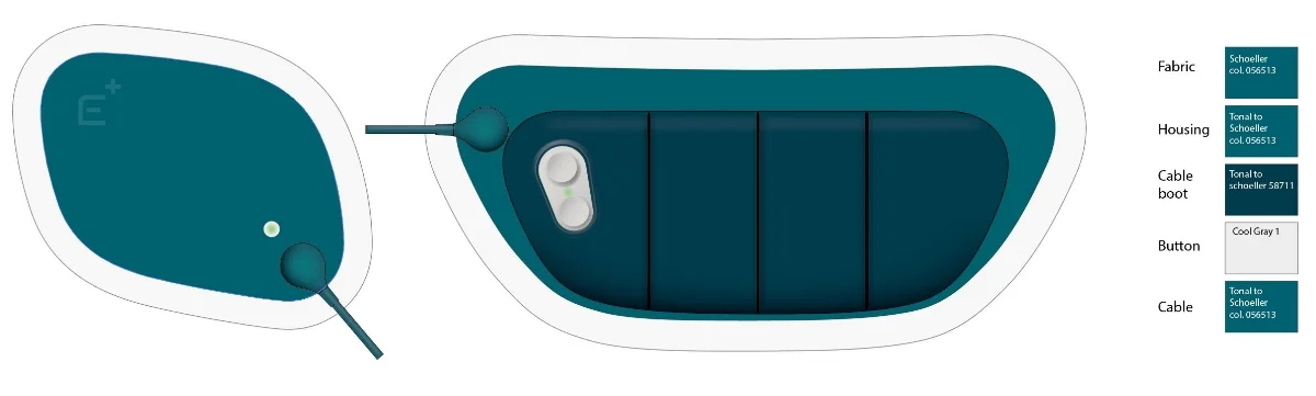  ID/ CMF exploration - limited by the color choice of the patch fabric, the muted color finish on the main Monitoring Defibrillator Unit (MDU) was chosen based on not having the product show through certain articles of clothing, making the product ap