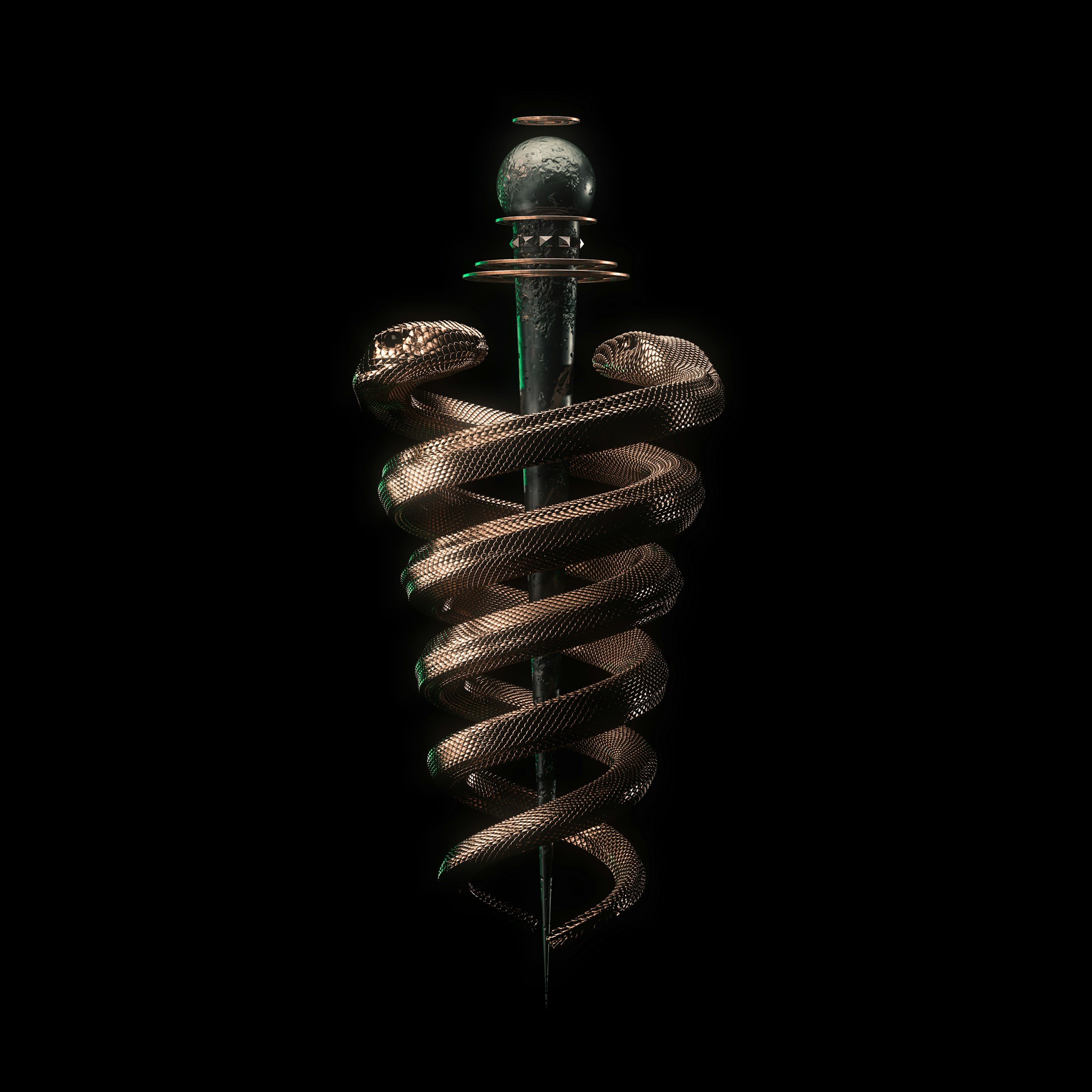 Bronze snake coiled around a sword on a black background