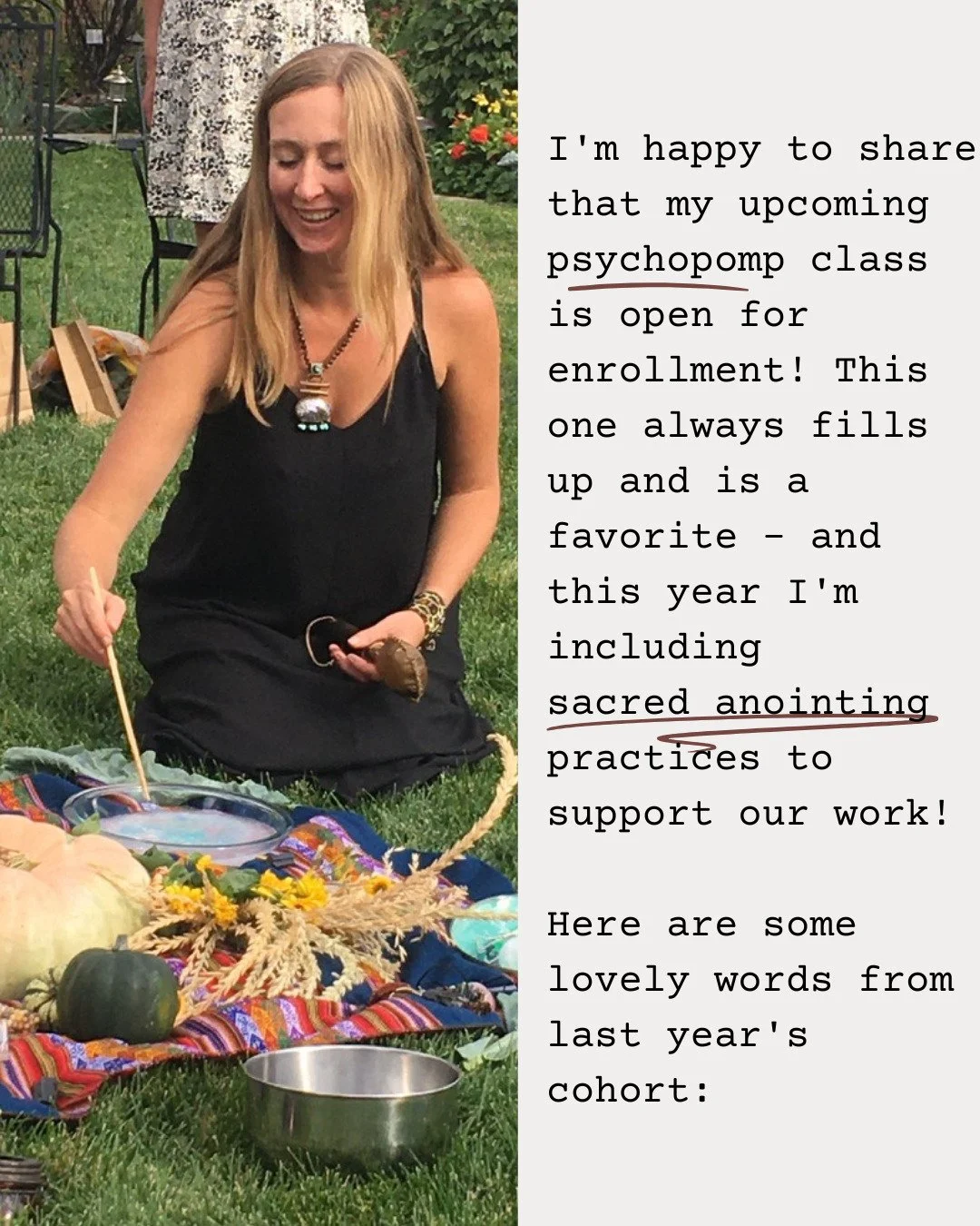 I'm happy to share that my upcoming psychopomp class is open for enrollment! 

This one always fills up and is a favorite -- and this year I'm including sacred anointing practices to support our work!

Here are some lovely words from last year's coho