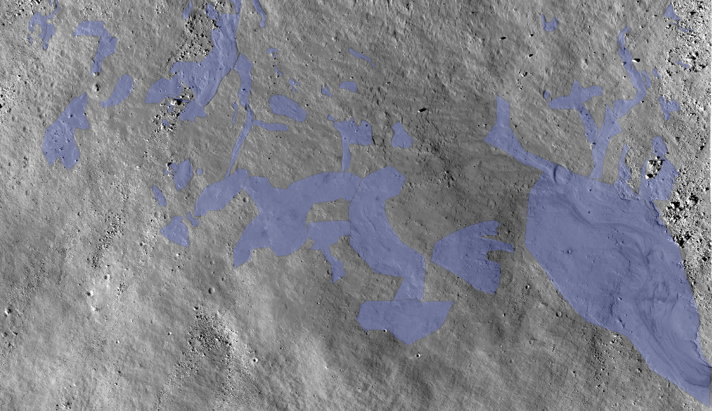 The melt/flows are shown in blue. A large portion of this image could be melt, including venier. Only the most blatant flows/melt have been marked.