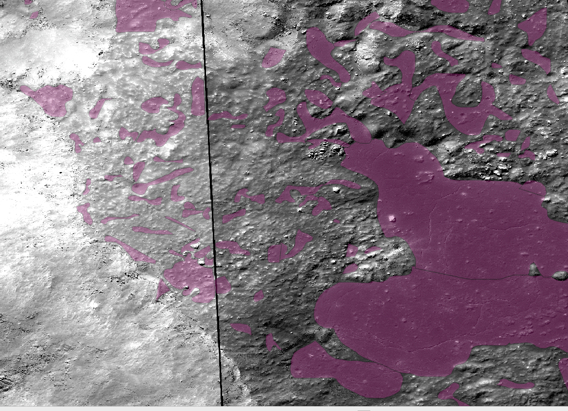 Here we see the melt denoted in mauve. There is also strong indicators of melt, including colling cracks and albedo changes where the pools are located.