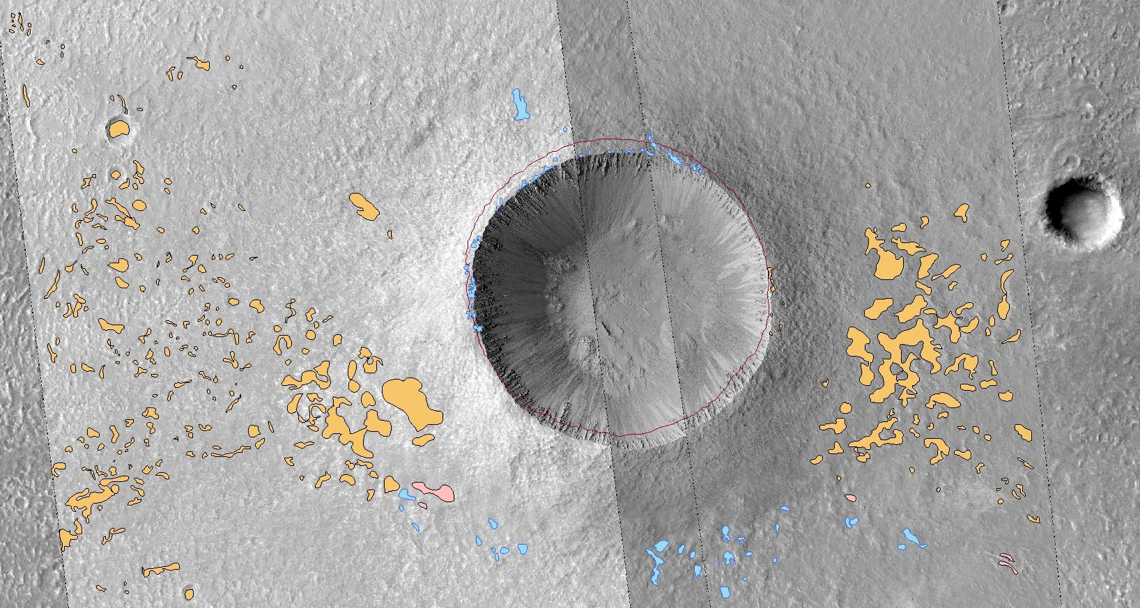 In situ map of Zumba. Orange refers to pitted pools, blue to smooth pools, and pink to possible pools. The line refers to the rim of the crater measured from a HiRISE-made DTM.