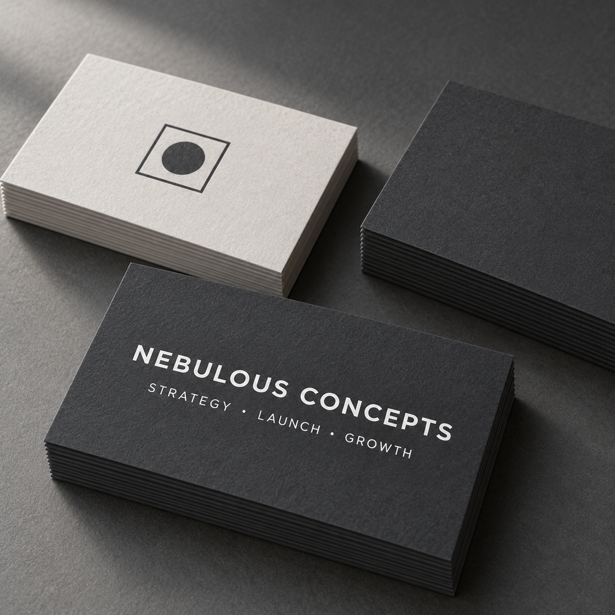 Nebulous Concepts business cards with the words Strategy, Launch and Growth.